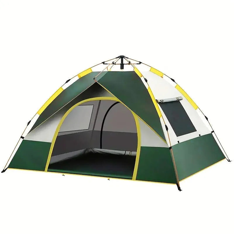 Dark green three to four person automatic quick-open camping tent with storage bag and accessories.