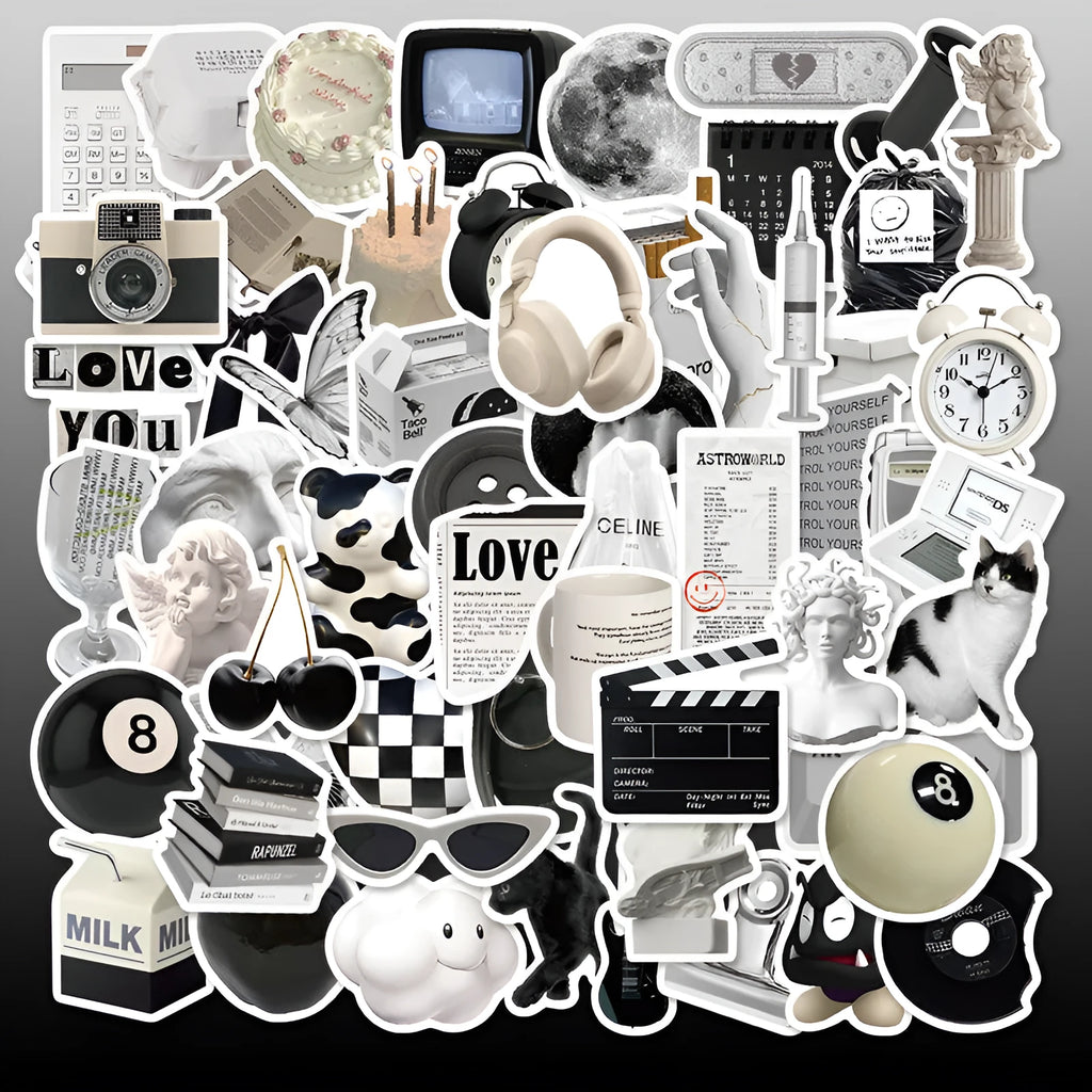 61 black and white simple design PVC waterproof stickers for laptops and phones.