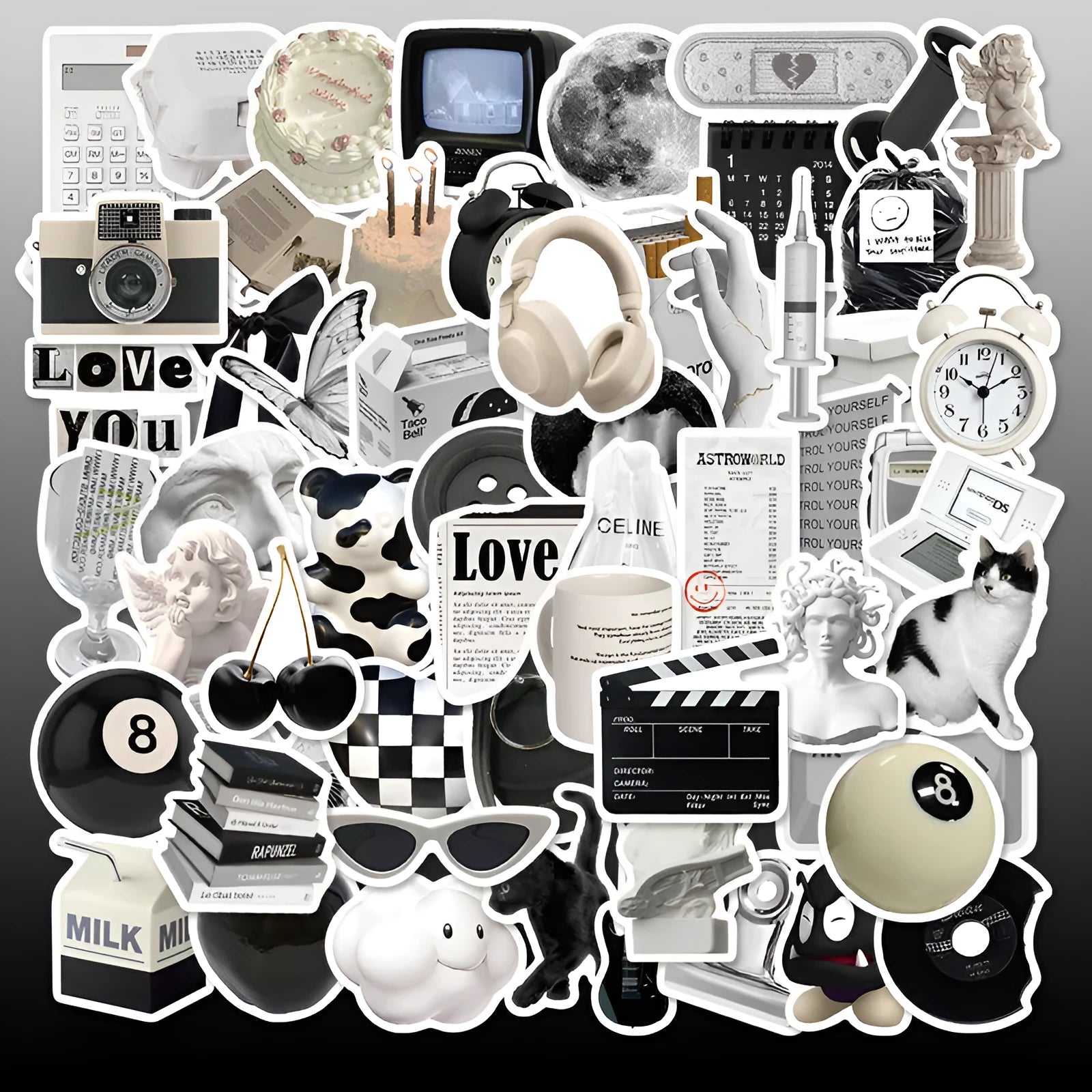61 black and white simple design PVC waterproof stickers for laptops and phones.