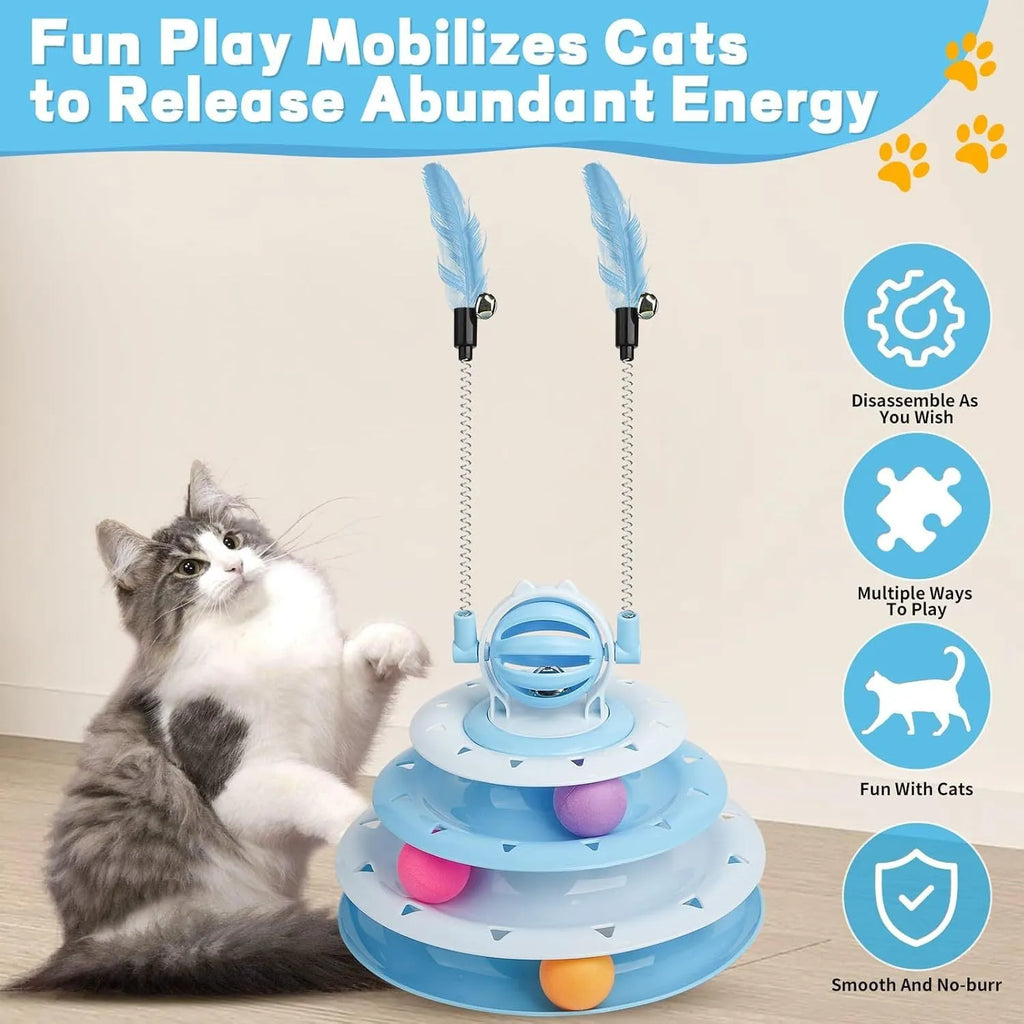 Blue 4-tier interactive cat carousel toy with coloured balls and teasing rods