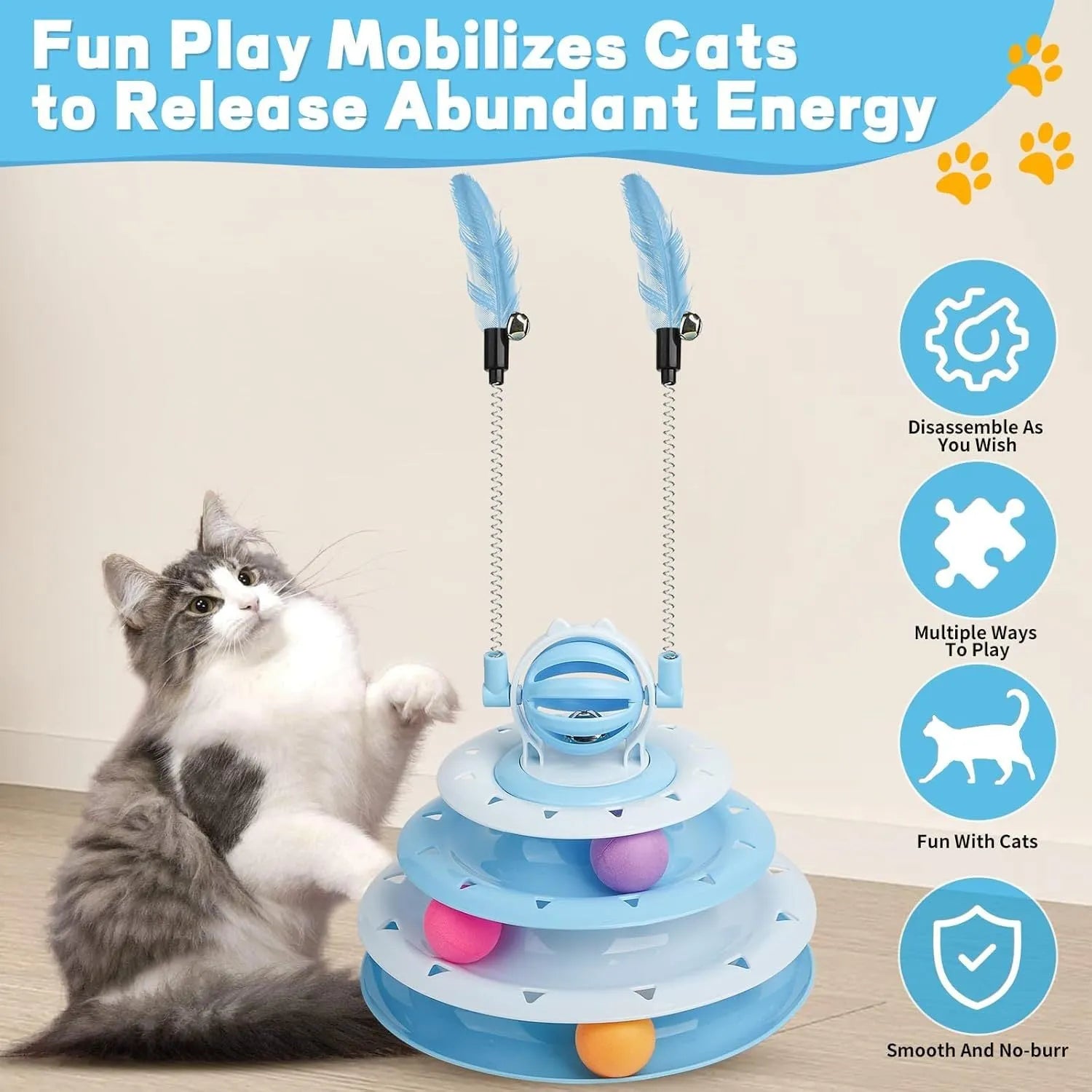 Blue 4-tier interactive cat carousel toy with coloured balls and teasing rods
