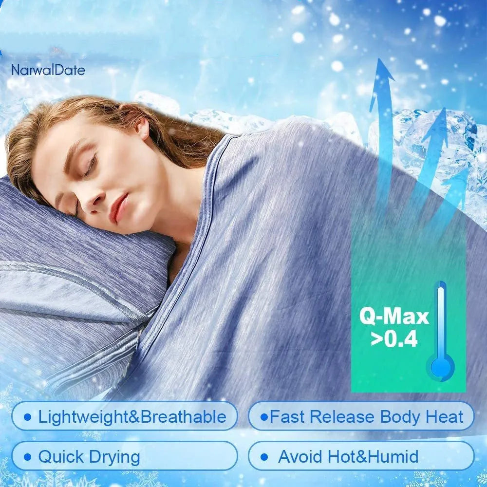 Blue Japanese cooling blanket with Q-Max fibres laid flat on a bed.