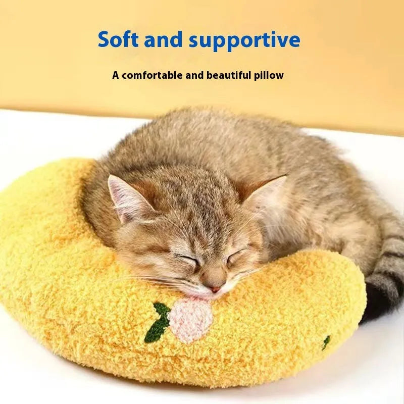 Blue, white and yellow U-shaped cat pillow in Moon and question mark styles for pet beds.