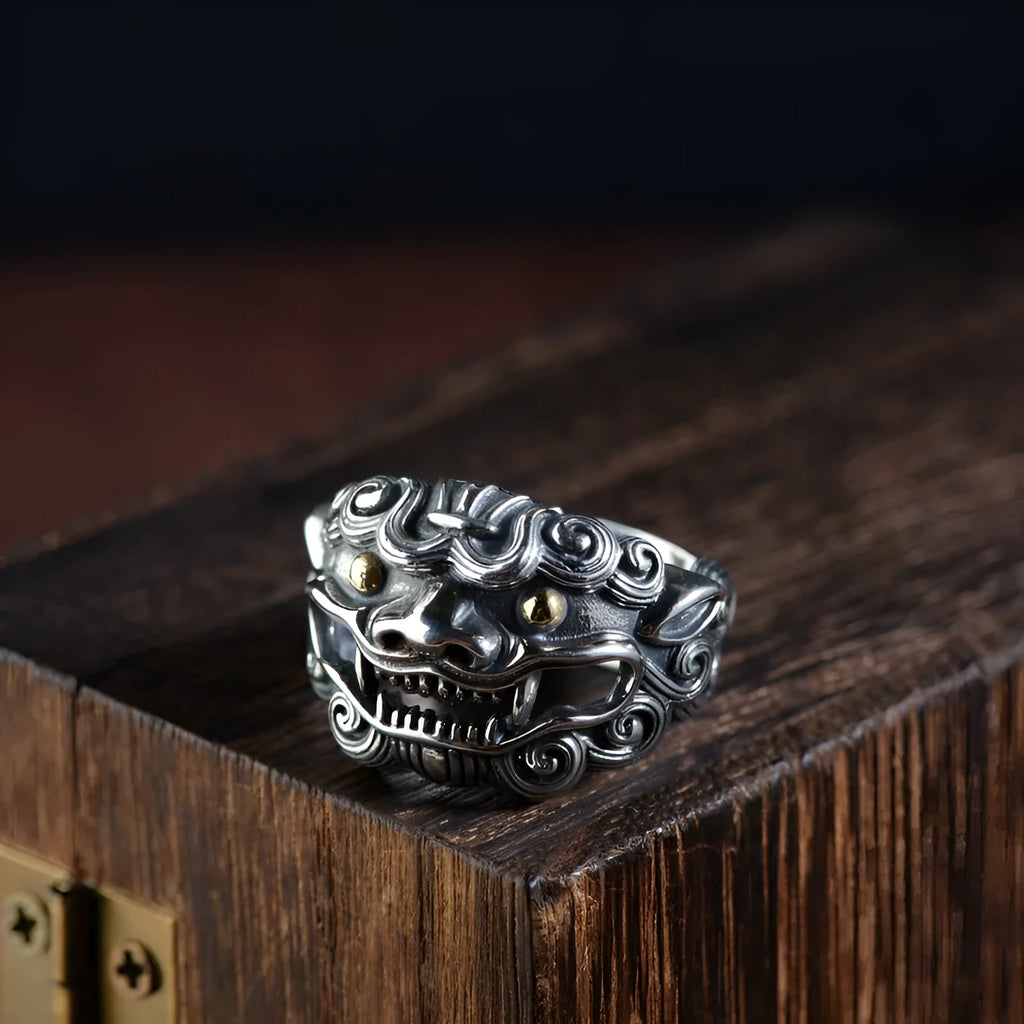 Silver open ring with detailed Jibeast animal pattern and retro styling