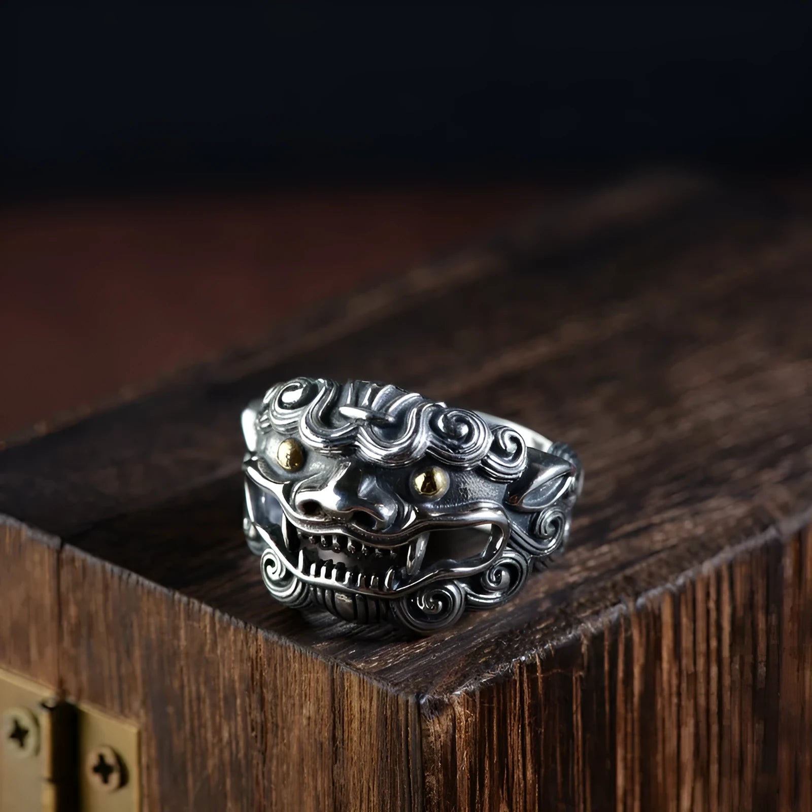 Silver open ring with detailed Jibeast animal pattern and retro styling