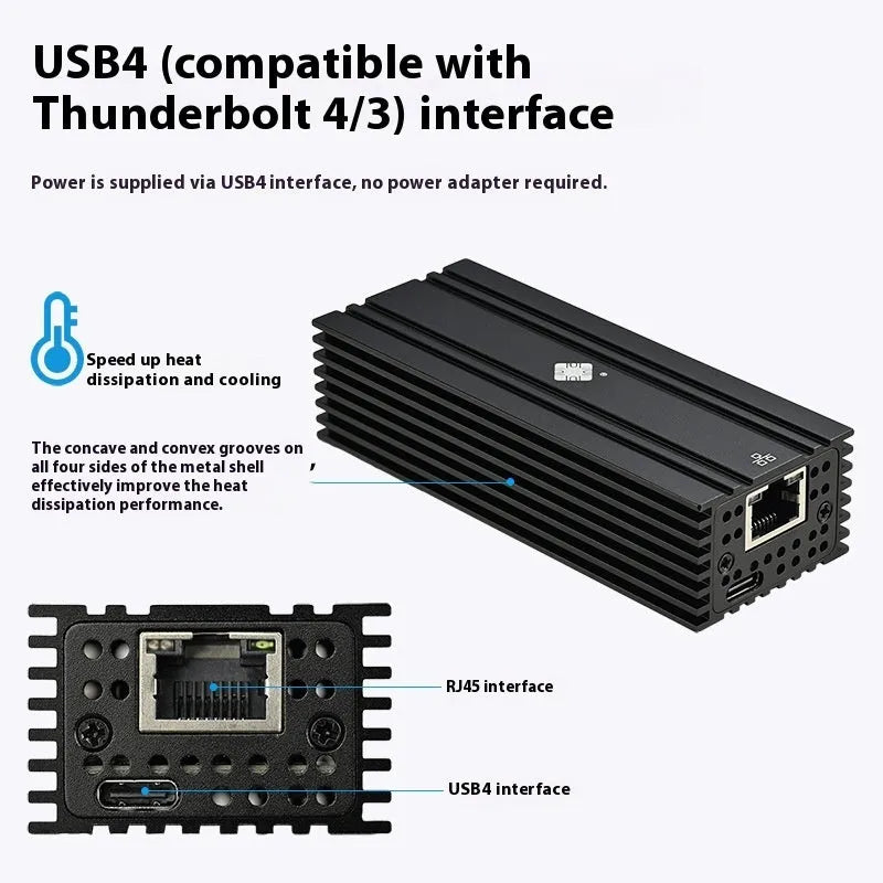 Black USB4 to 10 Gigabit Ethernet network adapter with RJ45 port and 20cm cable