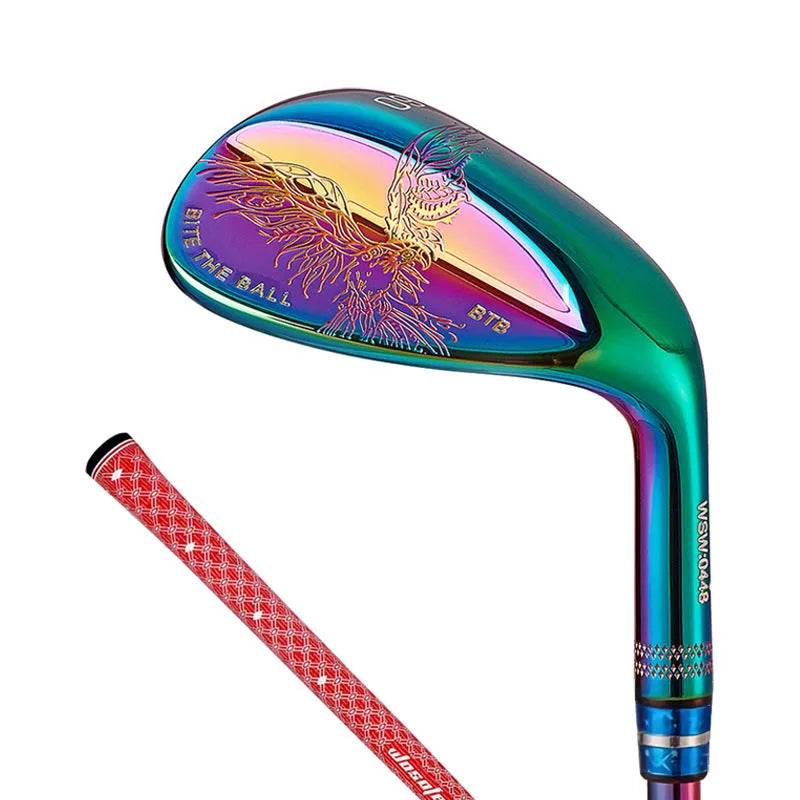 Forged golf wedge with blue casing, CNC eagle pattern face, natural rubber grip, 890mm length
