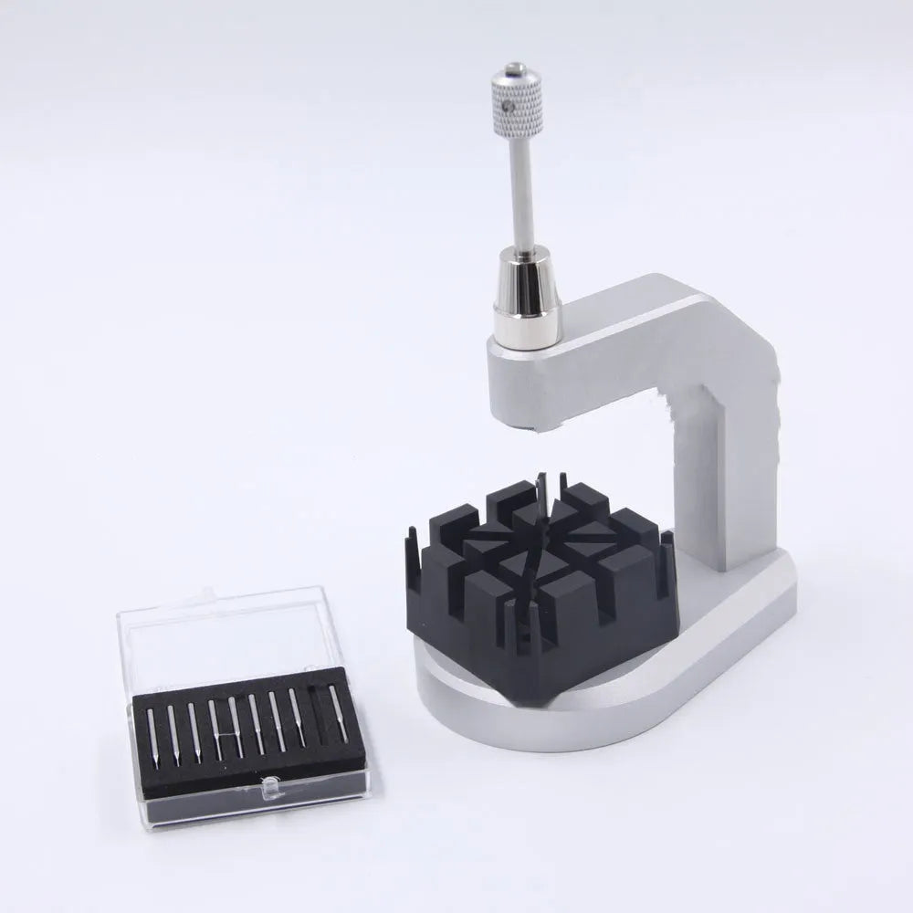 Silver tool steel press strap removal tool with blades for 0.50mm to 1.60mm spring bars.