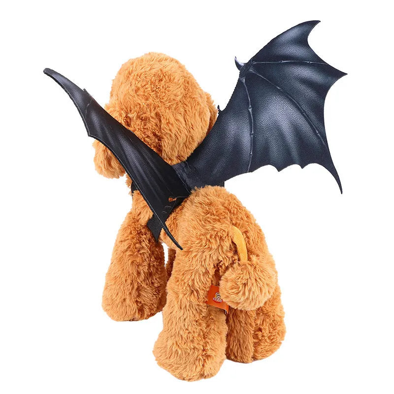 Black cloth bat wing costume for cats and dogs on Halloween, showing large, medium, and small size options.