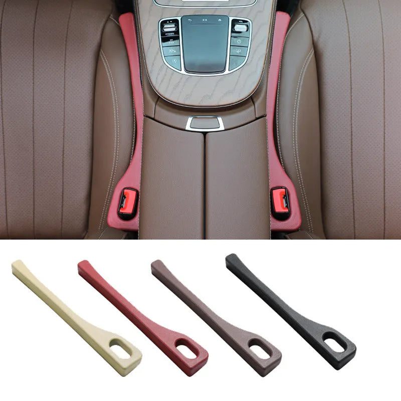 Flexible polyurethane car seat gap filler strip in beige colour on a car seat.