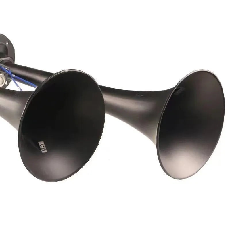 Black dual trumpet 12V 24V air horn kit with compressor for universal vehicle installation