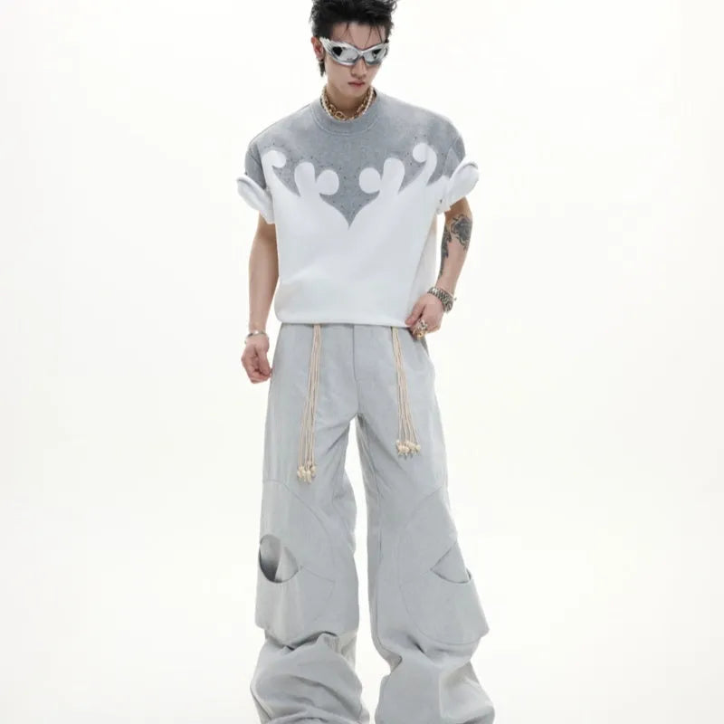 Men's cotton shirt with burnt flower stitching and rhinestone detailing in red, white, and grey colours