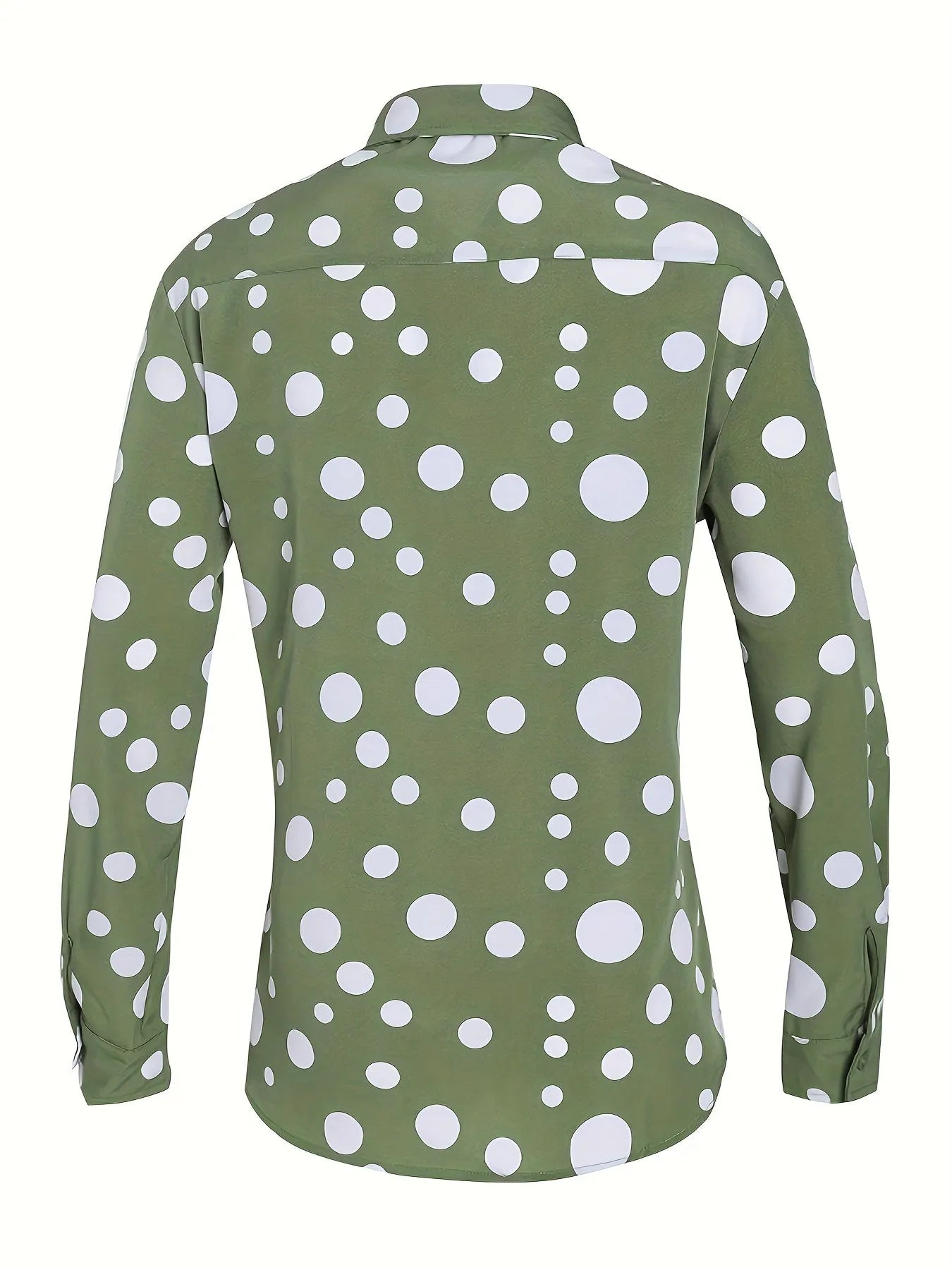 Long-sleeved polka dot shirt in military green with white dots, fitted cut for men