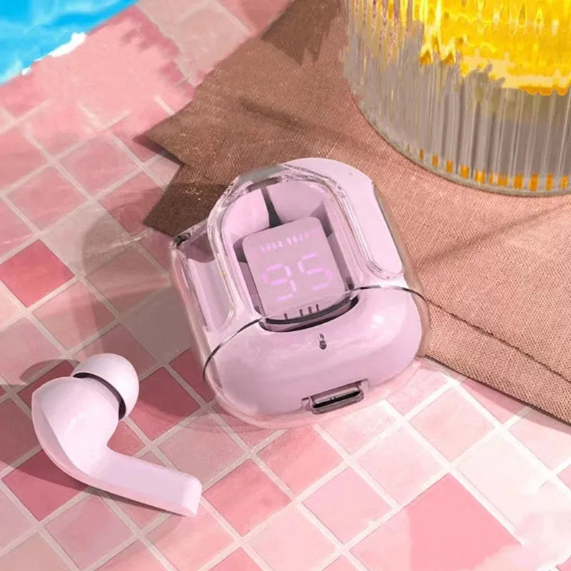 Transparent case true wireless Bluetooth earphones showing digital display with black, white, blue, green, and peach colour options