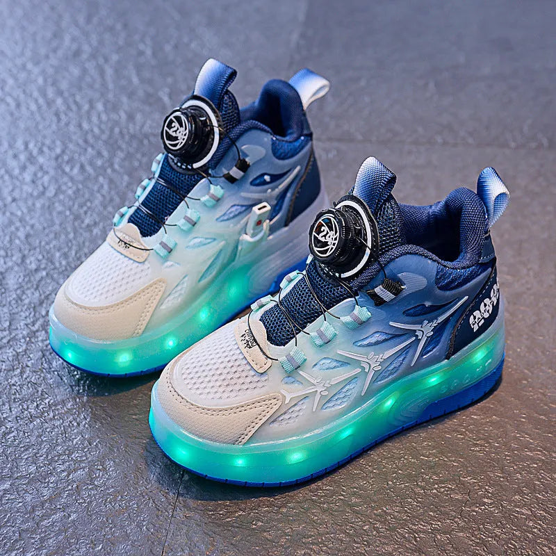 Blue children's roller skates with a flash stripe pattern and a large rotating adjustment knob on the side.