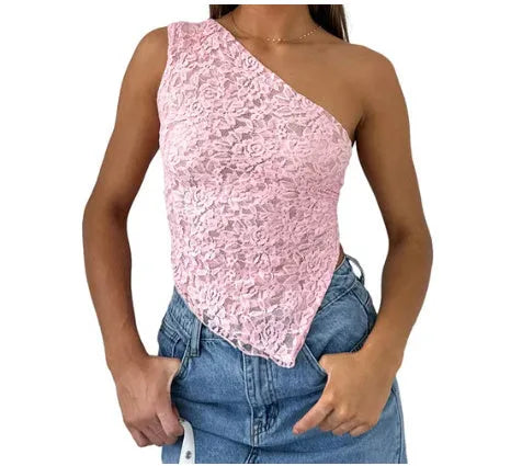 Women's apricot lace backless sleeveless top with an asymmetrical neckline on a hanger.