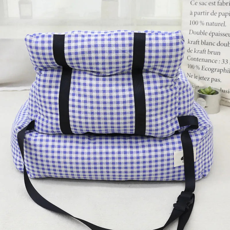 Car-mounted stain-resistant cloth pet outing nest for dogs in blue plaid or grey, small and large sizes