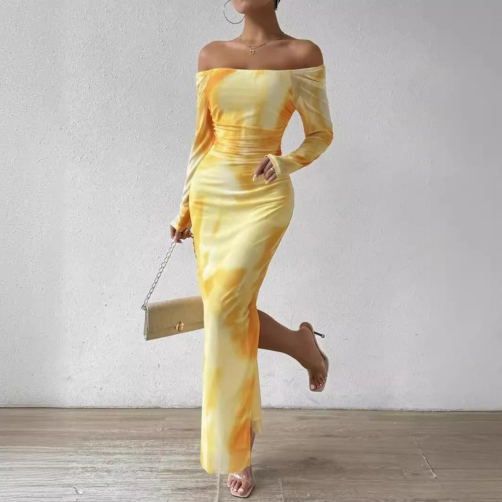 Women's long fishtail dress with square collar, pleated mesh fabric, and a split hem in a gradient colour.