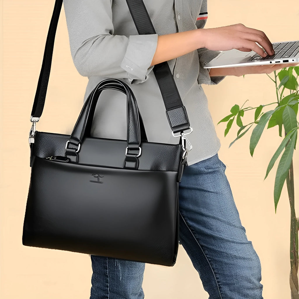 Men's black PU leather messenger bag with crossbody strap and splicing design