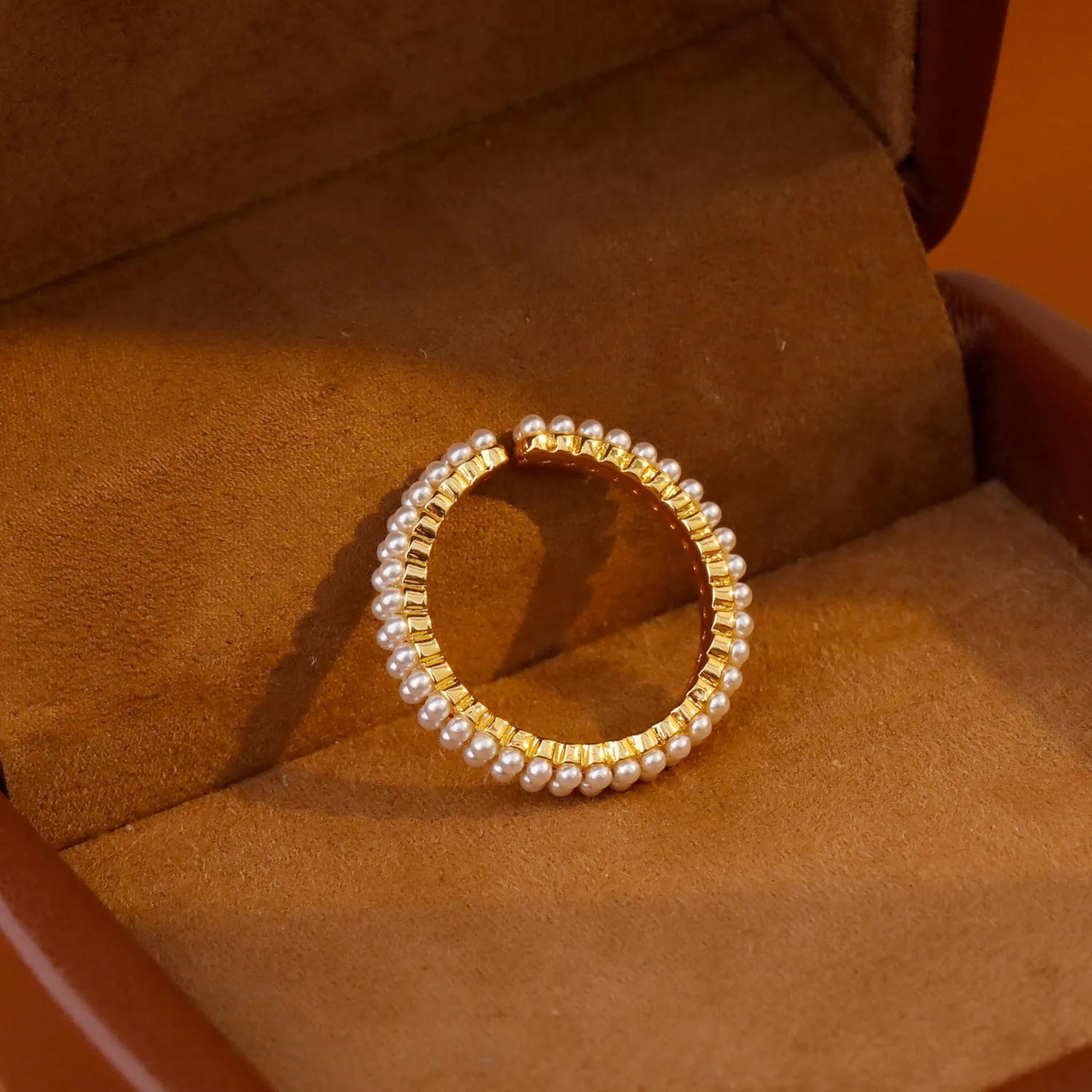 Gold geometric pearl women's adjustable open ring on copper with round elements
