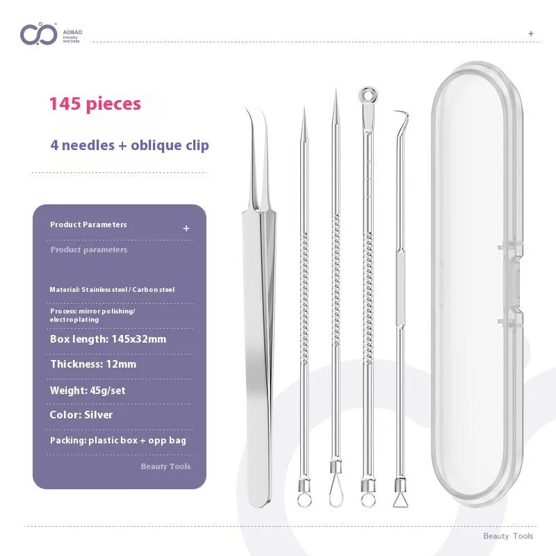 Set of four silver metal acne needles with pointed tips on a white background.