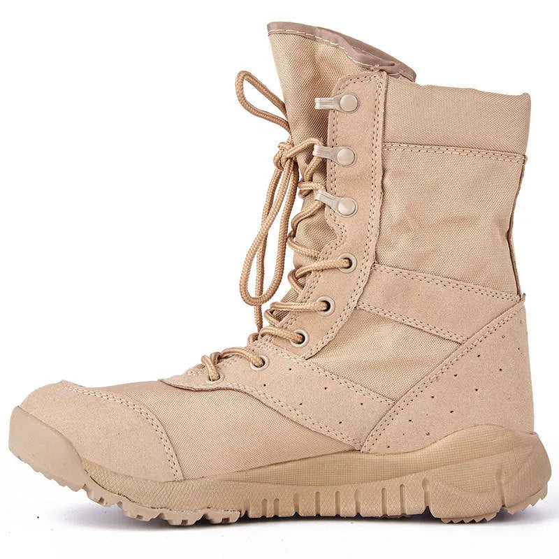 Yulong tactical desert combat climbing boots in black and sand colour options.
