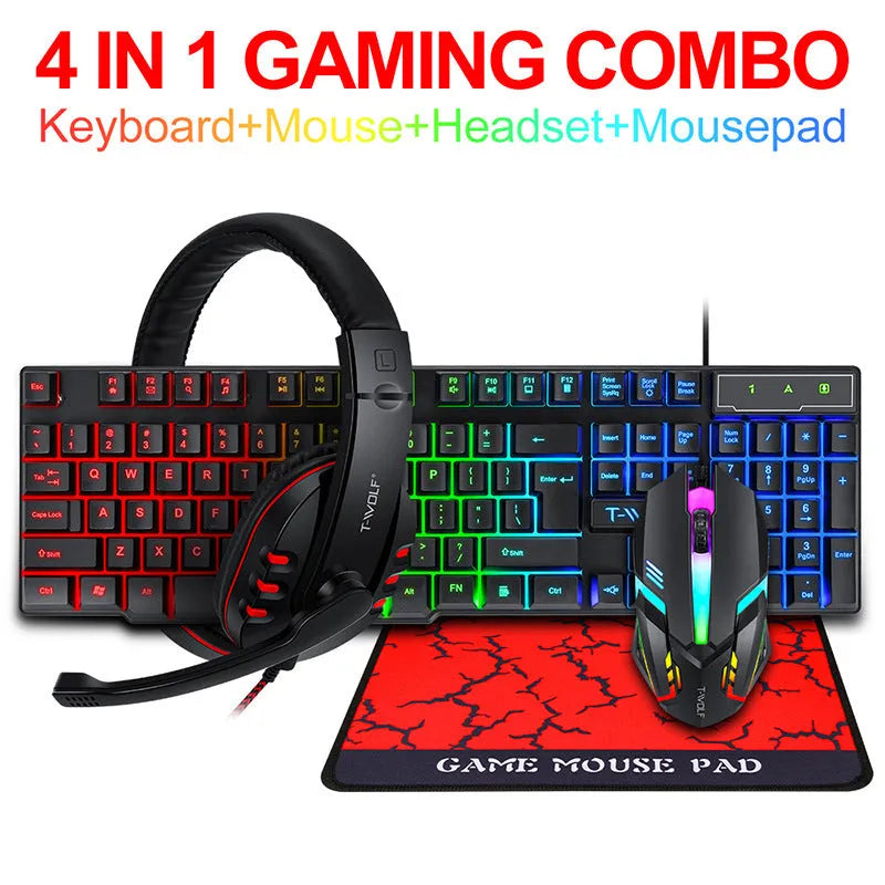 Thunder Wolf gaming keyboard and mouse bundle with wired USB connections, headset and mouse pad