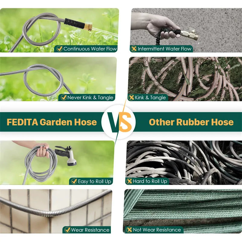 100ft stainless steel flexible garden hose with 10-pattern spray nozzle on grass