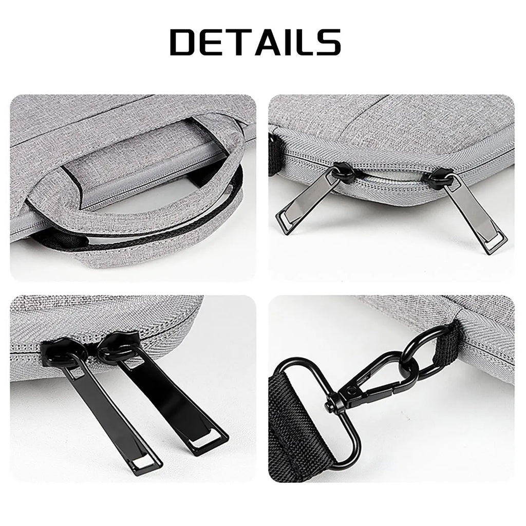 Water-repellent laptop carrying case in Black, with luggage strap and shoulder strap, for 13.3 to 15.6 inch laptops.