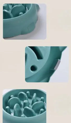 Green pet slow feeder bowl with bone-shaped raised ridges