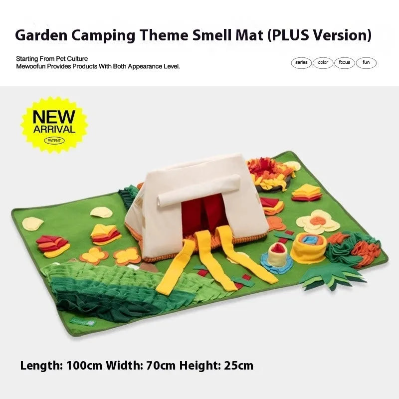 Plastic fabric dog sniffing mat with food hiding design in garden camping theme