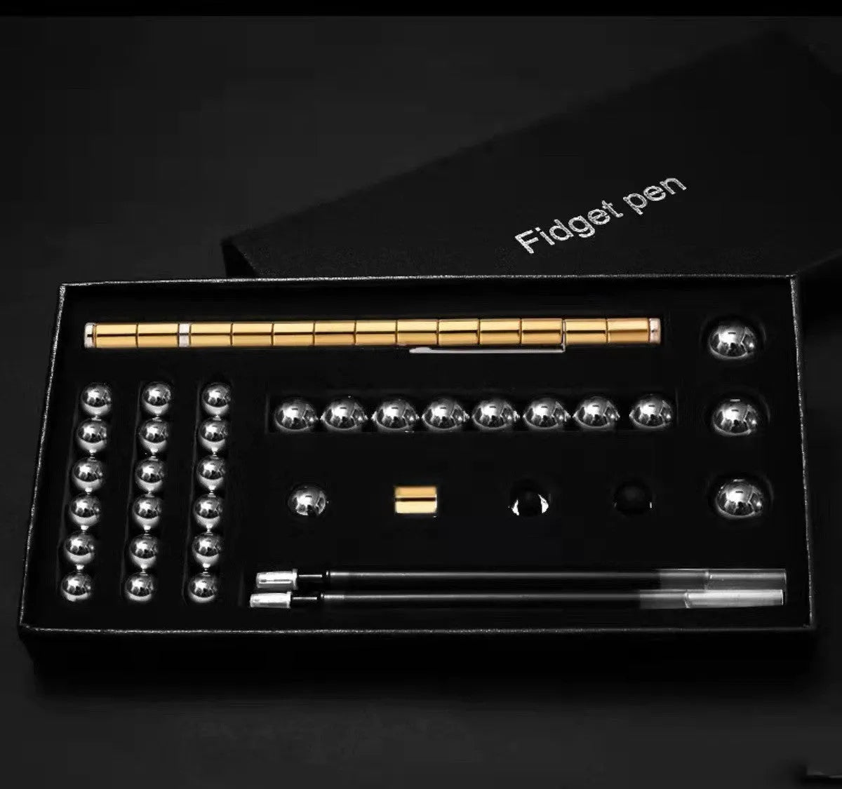 Magnetic modular pen with 13 rings, 12 steel balls, 3 refills, and capacitive head in silver iron box