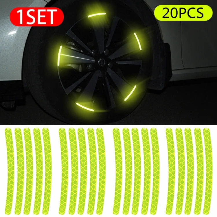Pack of 20 arc-shaped reflective PVC stickers for car wheel hubs in multiple colour options