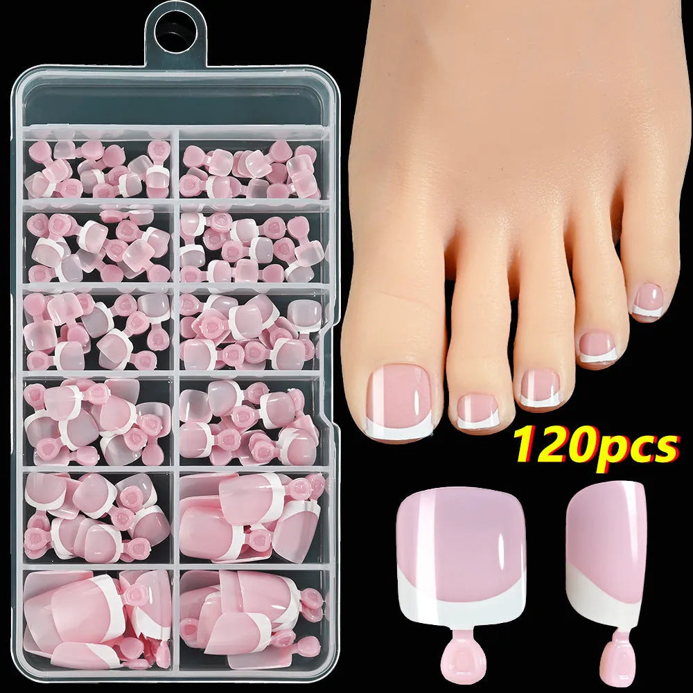 Box of 120 French white edge full square short nude toe nail tips on a white background.