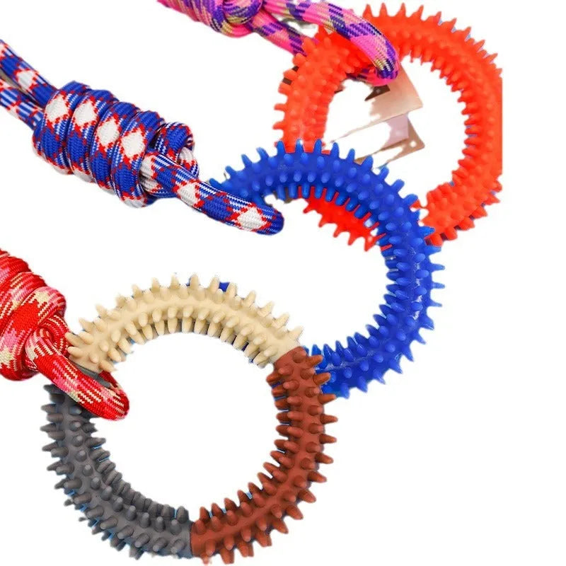 Braided rope dog toy with knot design in blue colour, 43 cm long chew toy for puppies