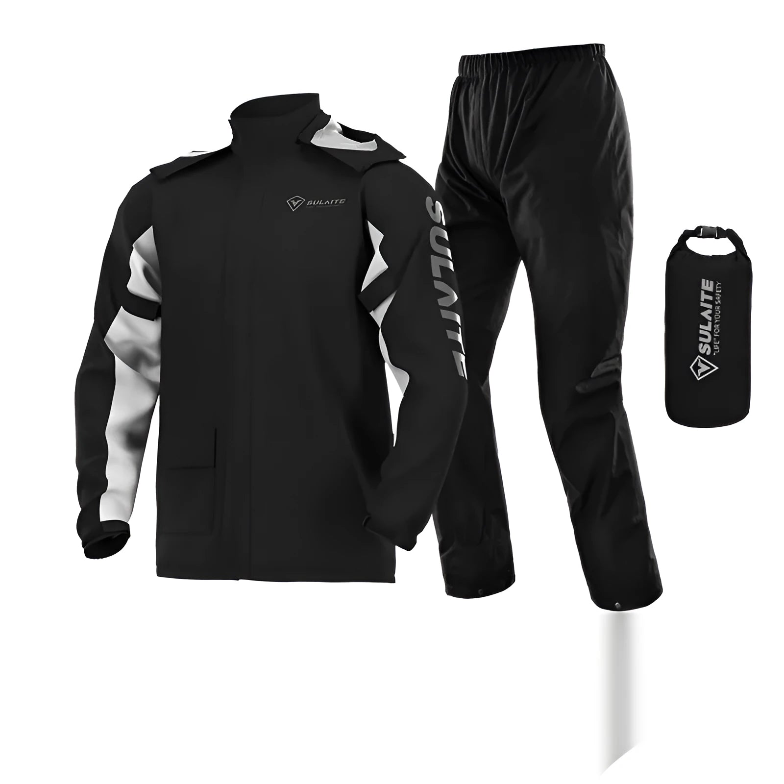 Adult motorcycle rider wearing a black split-style raincoat and rain pants from a waterproof riding suit.