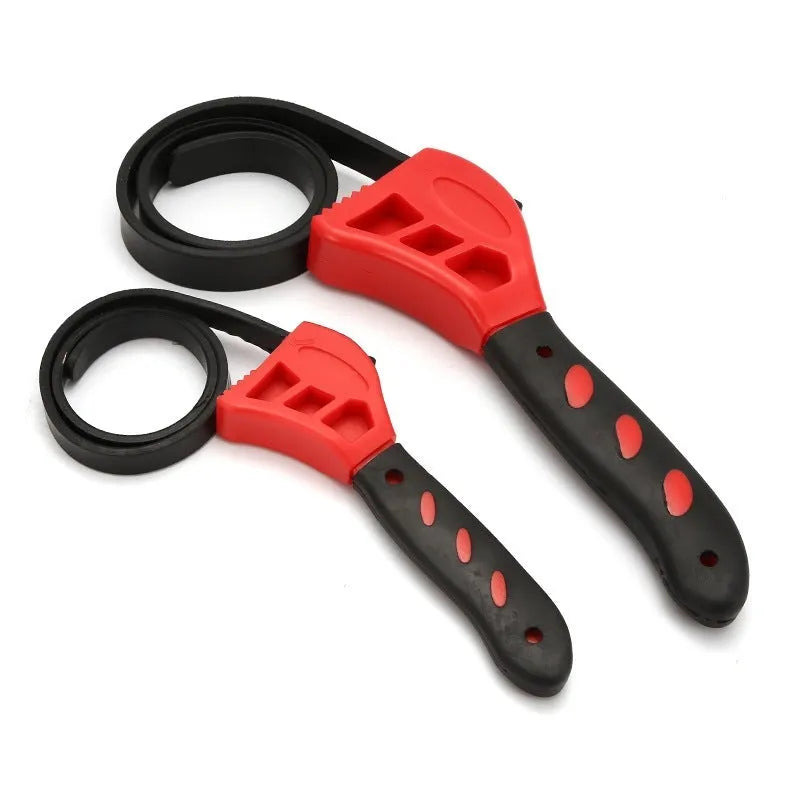 6-inch and 8-inch adjustable rubber strap wrench set with plastic rubber strap and metal handle.