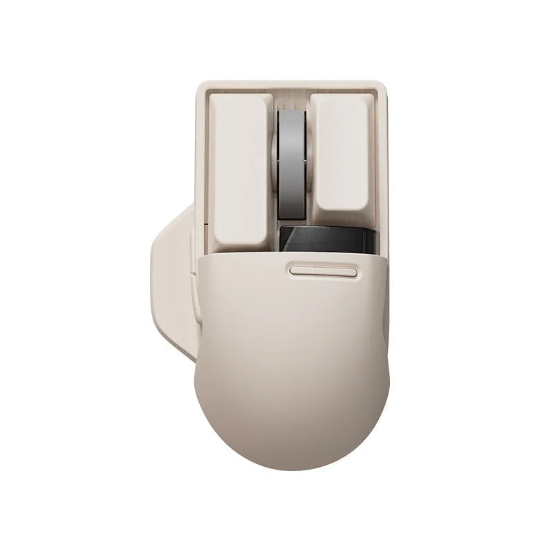 Tofu coloured wireless computer mouse with three connection modes and seven-button configuration.