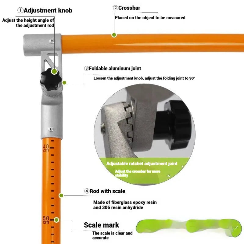Telescopic glass fibre truck height measuring rod extended to its full length showing clear scale markings.