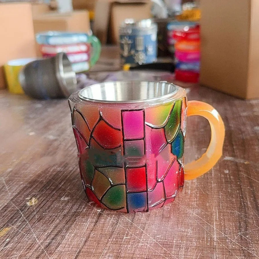 Synthetic resin painted bookmark coffee cup decoration with library design, 13 cm tall