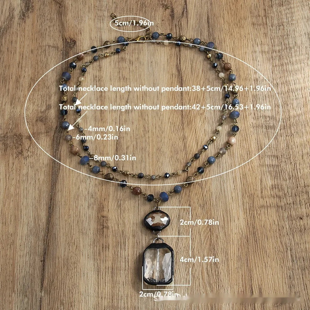Tribal style layered necklace with natural stone and glass pendant on adjustable chain