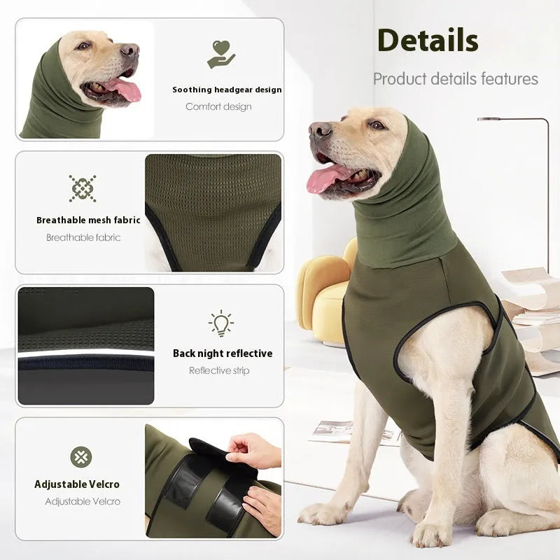 Army green dog anti-anxiety jacket made from lightweight polyester fabric for calming pets