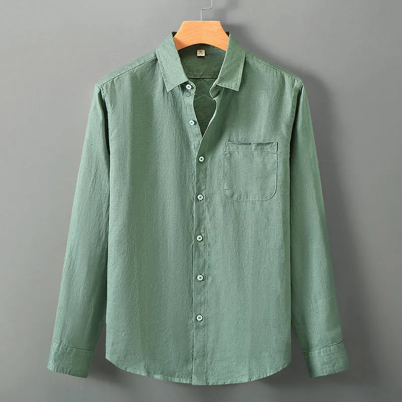 Long sleeve loose fit linen shirt in a solid colour, styled as a Chinese cardigan.