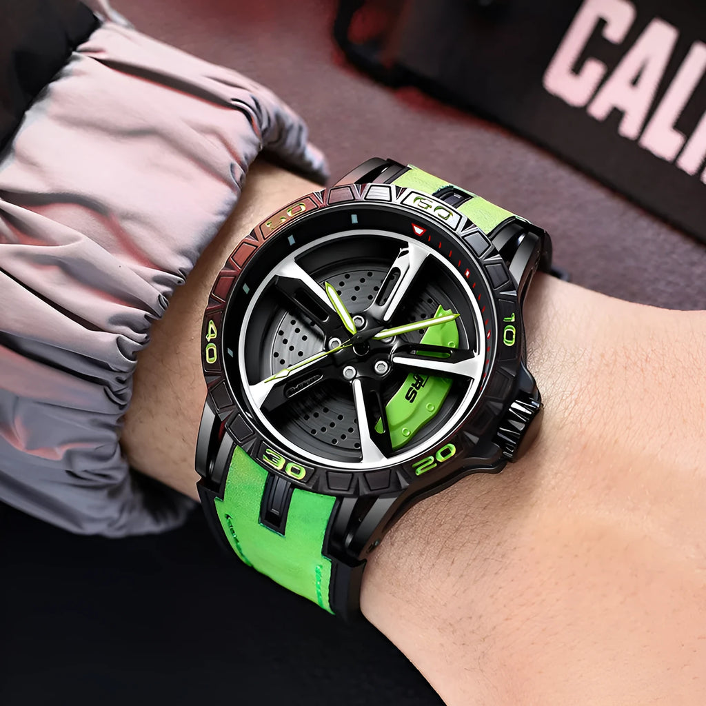 Men's quartz skeleton watch with 47mm steel case, luminous hands, and black rubber strap on grey background