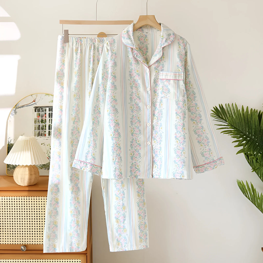 Japanese women's cotton gauze homewear set with long sleeves and trousers in striped or red fruit print