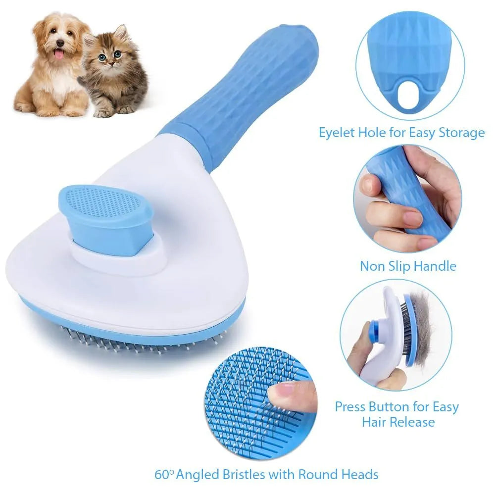 Blue cat grooming brush with release button for removing loose fur and tangles