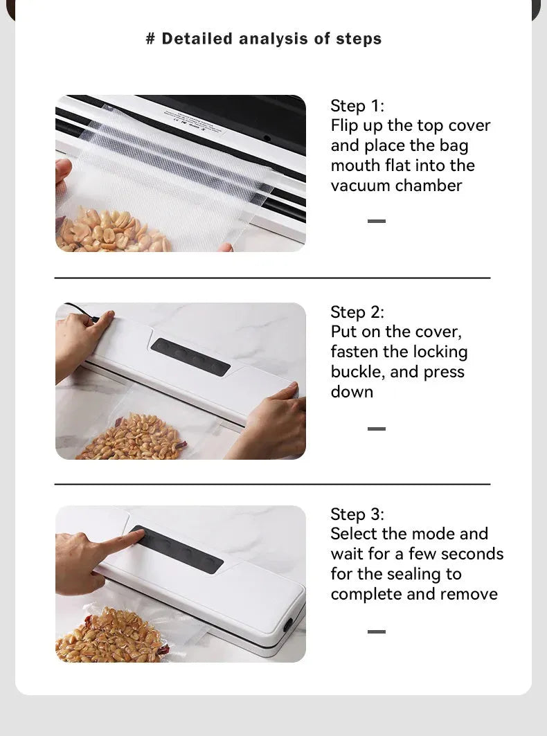 Black compact automatic vacuum sealing machine for home food preservation on a kitchen counter.