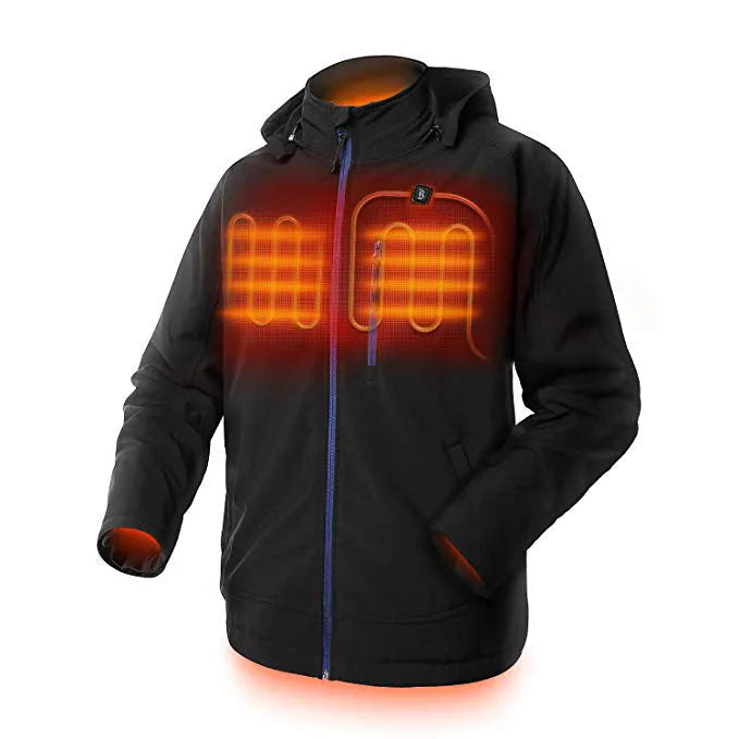 Black USB heated waterproof windproof winter coat for men with straight hem and long sleeves