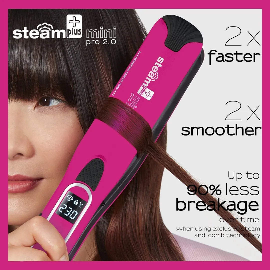 Mini steam spray hair straightener and curling iron in purple, rose red, or champagne colour with wired power cord.