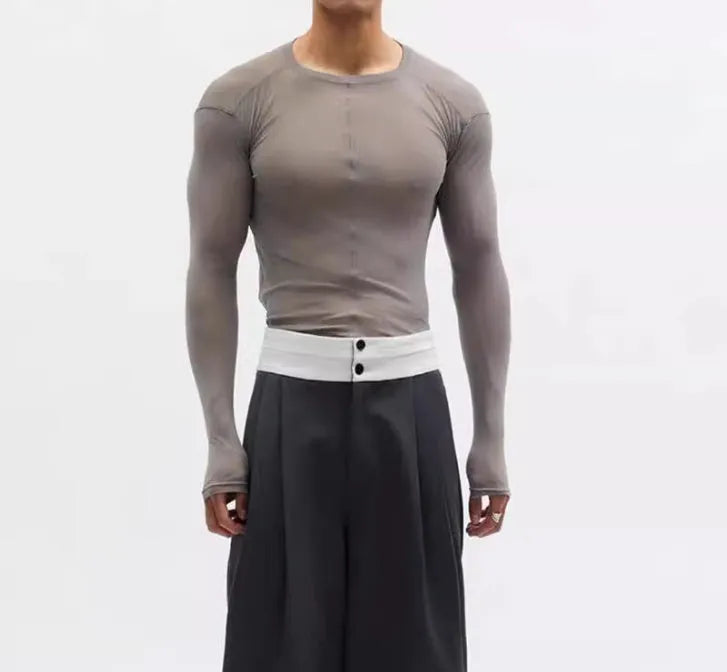 Black slim-fit mesh pullover with long sleeves and a round collar.